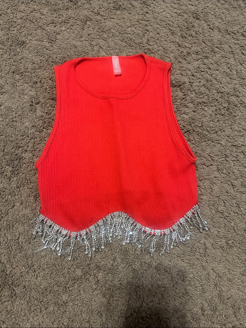 Red Beaded Fringe Ribbed Crop Tank Top